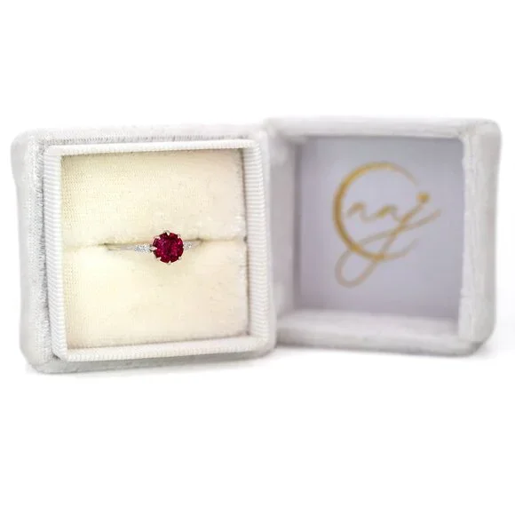 Round Rubellite Tourmaline Ring in Solid 14K White Gold with Diamond Accents